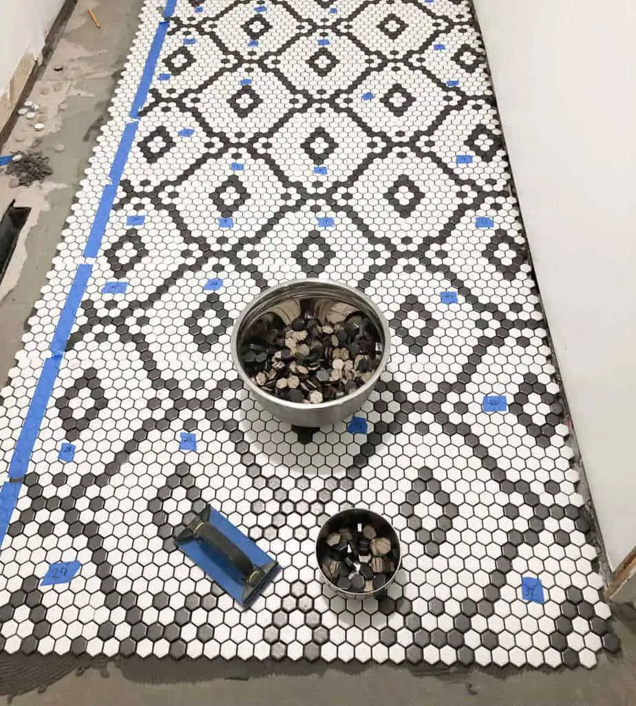 black and white hexagon diamond pattern floor in the pantry